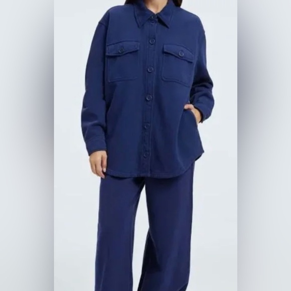 Good American Jackets & Blazers - Good American Navy Blue Fleece Button-up Shacket size 3/4 Large/ XLarge
